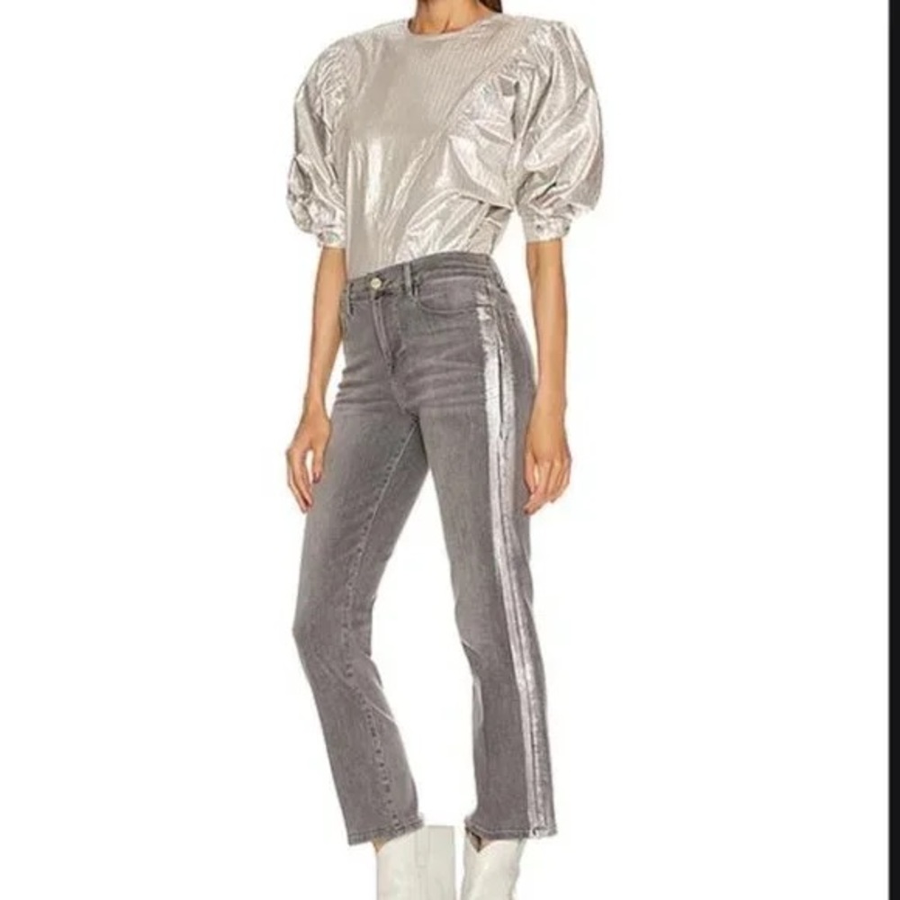 FRAME Grey Silver Metallic Medium Wash Le High Foil Tux Straight Leg Jeans 28